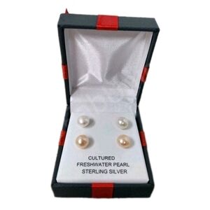 White Pink Cultured Freshwater Pearl Sterling Silver Stud Set of 2 Earrings 8mm